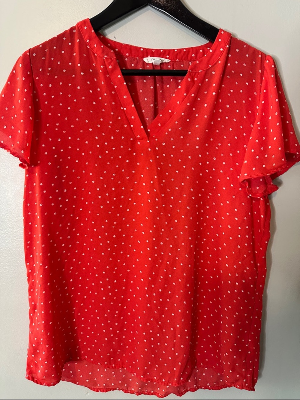 Polka Dot Red V-Neck Lightweight Summer Blouse, Medium